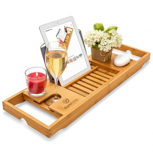 Image of Extendable Wooden Bath Caddy Tray – Bamboo Bathtub Rack with Wine Glass, Candle, Book, Tablet & Phone Holder – Adjustable Bath Board Shelf & Foldable Bathroom Tray for Spa Relaxation