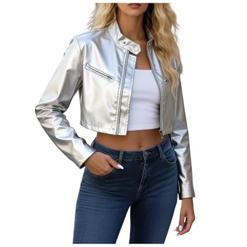 Image of Women's Metallic Silver Faux Leather Cropped Bomber Jacket Long Sleeve Stand Collar Zip Up Biker Coat with Chest Pockets Classic Motorcycle Outwear UK Sizes