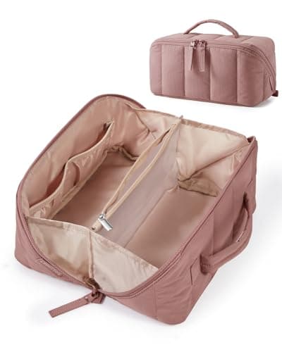 Image of BAGSMART Travel Makeup Bag, Flat Lay Make Up Case, Wide Opening Cosmetic Organiser with Clear Brushes Pocket & Wet Pocket, Small Toiletry Bag, Travel Accessories for Women, Dark Pink