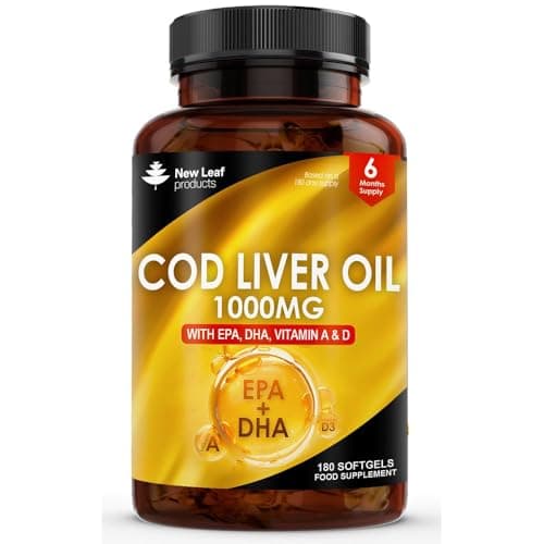 Image of Cod Liver Oil Softgels 1000mg - 180 Cod Liver Soft gels High Strength Softgels- Cod Liver Oil Rich in Omega 3 EPA DHA Fatty Acids + Vitamins A & D, High Strength Fish Oil - UK Made, by New Leaf