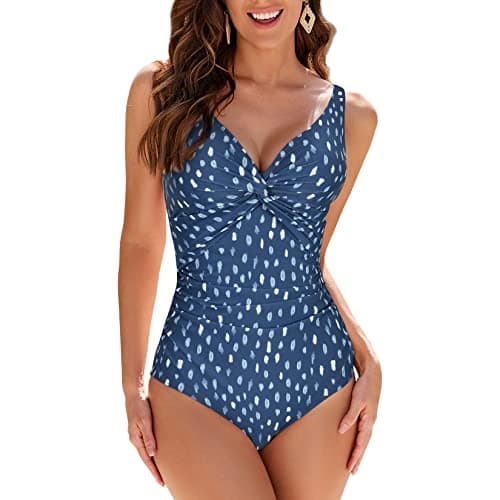 Image of WIN.MAX Swimming Costume for Women Swimsuit Womens Swimwear Tummy Control Ruched Ladies Retro One Piece Swimsuit(Blue & Raindrops,UK18)
