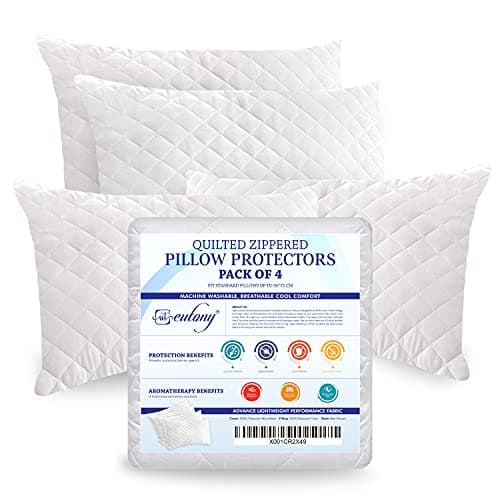 Image of Eutony Pillow Protectors 4 Pack Quilted Zipped - Ultra Luxe Zipped Pillow Protectors, Quilted Pillow Protector, Soft & Breathable Hypoallergenic 50 x 75cm - White (Quilted Pack of 4 | 50x75 cm)