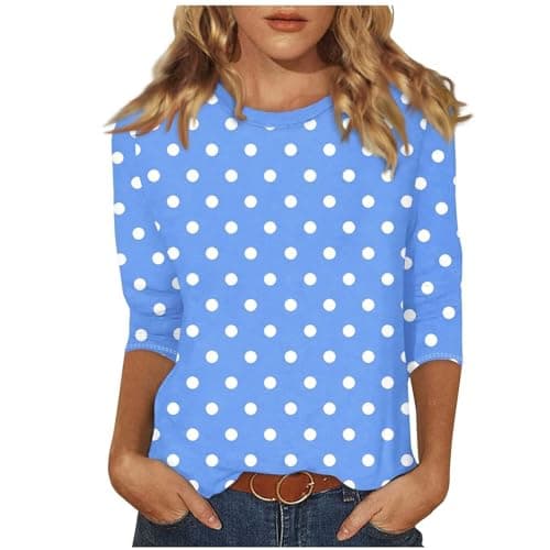 Image of Keepink 3/4 Sleeve Tops for Women UK Summer Elegant Casual Ladies Blouses Striped Polka Dot Printing Basic Tees Loose Crew Neck Tshirts Dressy Elegant Tunic Pullover Plus Size S-5XL