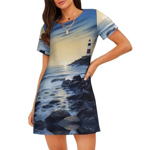 Image of ALLiYa The Seaside Lighthouse Women'S Short-Sleeved Nightdress Summer Family Casual Essentials Dress Home Clothes Black