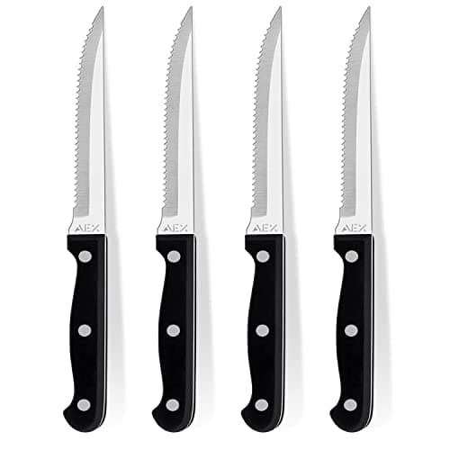 Image of AEX Stainless Steel Knives Set Kitchen Knife Full Tang Durable Serrated Edges Steak Knives Sets Comfortable Grip Handle Dinner Table Knives Cutlery Set (4X Steak Knives)