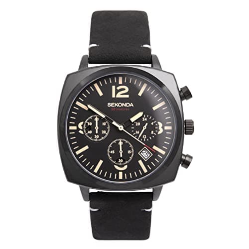 Image of Sekonda Airborne Mens 40mm Quartz Watch in Black with Chronograph Date Display, and Black Suede Leather Strap 1991