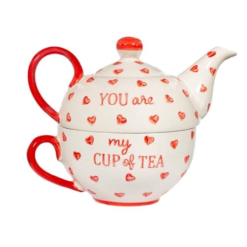 Image of Sass & Belle 'You are My Cup of Tea' Tea for One - Ceramic Teapot Set with Mug Romantic Heart Design Kitchen Accessory Gift for Mum Decorative Home Decor Gift Designed by Sass and Belle