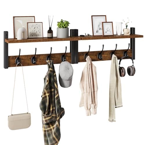 Image of YMYNY Coat Rack Shelf Wall Mounted, Coat Hooks Set of 2, Entryway Coat Hanger with 4 Double Hooks, 80CM Wall Floating Shelf with Hat Rack, for Kitchen, Bedroom, Bathroom, Rustic Brown HWS001H-2