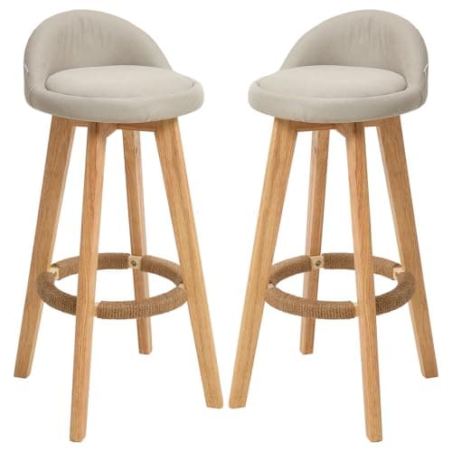Image of Warmiehomy Bar Stools Set of 2 with Back & Footrest, 360° Swivel Counter Height Stools, Rubber Wood Legs & Linen Fabric Seat Kitchen Island, Breakfast Bar, Home Office,Dining Room White