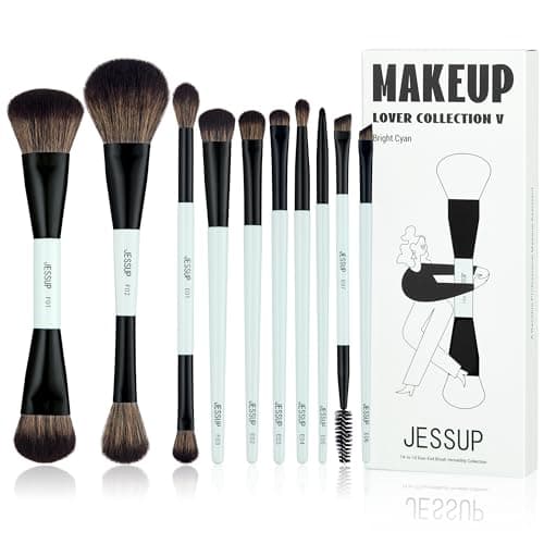 Image of Jessup Makeup Brushes Sets 10pcs Double Ended Make up Brushes for Foundation Contour Blush Highlight Blending Eyebrow Brush Eyeshadow Eyeliner Concealer Brush Cruelty Free, Bright Cyan T500