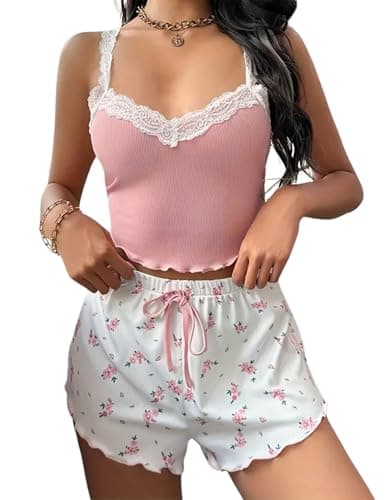Image of Gatamiau 2 Pieces Women Summer Pajama Set Sleeveless Lace Knitted Cami Tops + Casual Floral Shorts, Y2K Summer Pjs Sets Ladies Sexy Nightwear Sleepwear Set (UK, Alpha, L, Regular, Regular, Pink)
