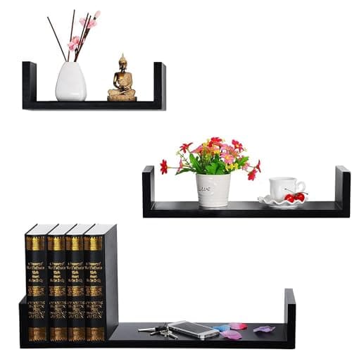 Image of YORKSHIRE HOMEWARE MDF Set of 3 U-Shaped White Floating Shelves for Bedroom, Kitchen, Office, and Bathroom - Decorative Wall Mounted Shelving Unit with Invisible Mounting, Modern Finish (Black)