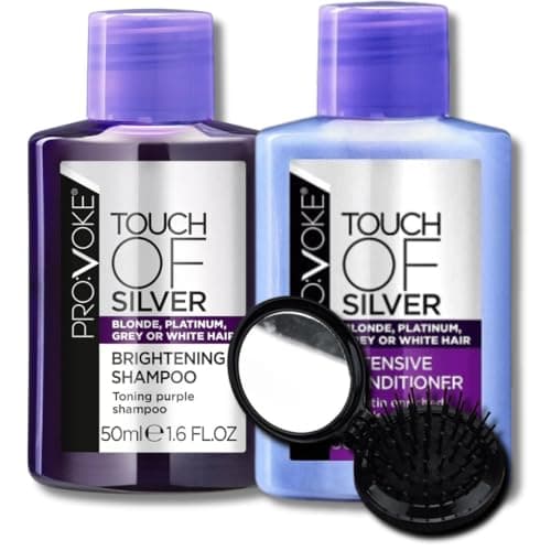 Image of Provoke Touch Of Silver Hair Care Bundle – Brightening Shampoo 50ml, Intensive Conditioner 50ml, BVO Luxe Folding Hairbrush - Purple travel shampoo and conditioner for blonde, silver and grey hair