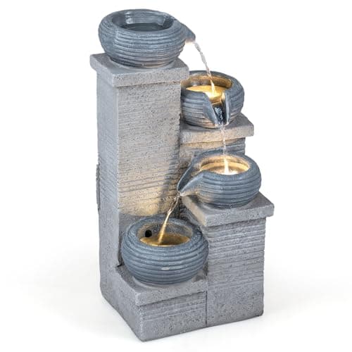 Image of COSTWAY 4-Tier Outdoor Water Fountain, Cascading Waterfall Fountain with 3 LED Lights, Pump & Adjustable Flow, Freestanding Garden Water Feature for Patio Yard Home Decor (58cm, Texture)