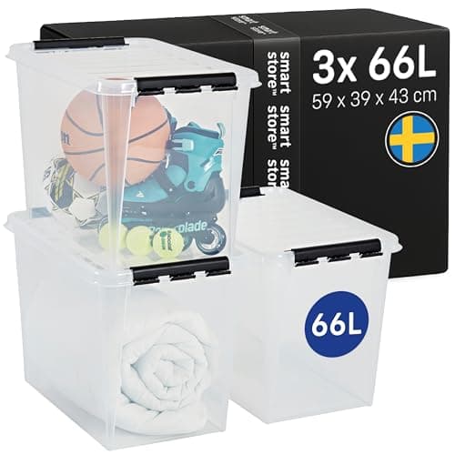 Image of SmartStore - 3x Plastic Storage Box with Lid Classic 66L (59x39x43cm) |Plastic Storage Drawers with Lid|Food-Safe Material|Kitchen & Organisation|Durable Container for Home & Office|10-Year Warranty