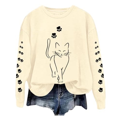 Image of Sweatshirts Women Casual Cute Cat Graphic Printed Long Sleeve Loose Sweatshirts Pullover Sweatshirts Blouse (Beige, XXXL)