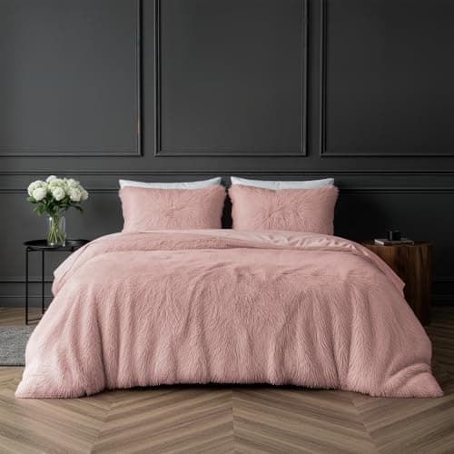 Image of Sleepdown Fleece Luxury Long Pile Faux Fur Blush Pink Super Soft Easy Care Duvet Cover Quilt Bedding Set with Pillowcases - King (220cm x 230cm)