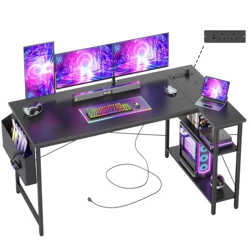 Image of BEXEVUE Small L Shaped Desk with Power Outlets - 140x70cm Corner Computer Desk Writing Table, Reversible Large Storage Shelves, Bookshelf Workstation for Study Play Work Bedroom Home Office Black
