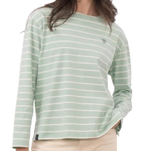 Image of LightHouse Women's Causeway Breton Top - Ladies Long-Sleeved Cotton Stretch Tee - Soft Pistachio Stripe - 10