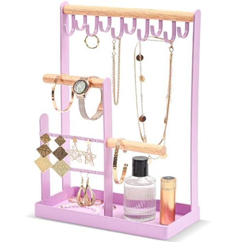 Image of ProCase Jewellery Organiser Jewellery Stand Holder, 4 Tiers Jewelry Stands Necklace Organizer Earring Holder, 10 Hooks Jewelry Tower Display Rack for Bracelets Watches Rings Gifts for Women -Purple
