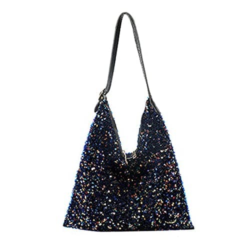 Image of AiSi Women Girls Glitter Sequin Shoulder Tote Bag Large Capacity Shiny Shopping Bag Pouch Travel Daily Purse, Black, One Size