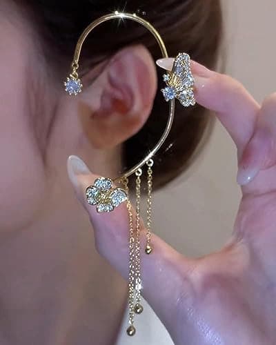 Image of Butterfly Zircon Earrings, Sparkling No-Piercing Ear Clips, Long Ear Cuffs - Golden