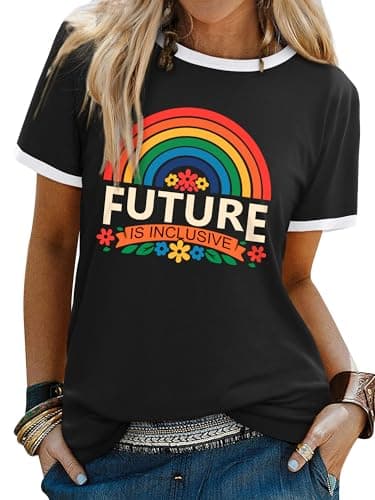 Image of WIEIYM Women T-Shirt Ladies Pride Tshirt Rainbow Graphic Slogan Tshirts The Future is Inclusive Cotton T Shirt Men Teens Summer Tee Causal Tops