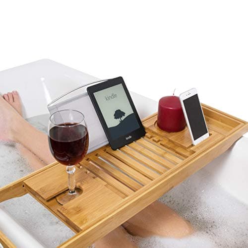 Image of Relux Premium 100% Natural Bamboo Bath Caddy Bridge – Extendable Luxury Book Rest, Wine Glass Holder, Device (Tablet, Kindle, iPad, Smart Phone) Tray for a Home-Spa Experience – Fits Most Bath Sizes