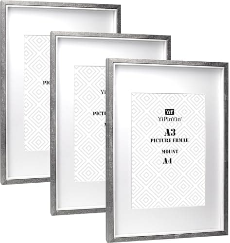 Image of A3 Grey & white Two Tone Picture Frames Set of 3 with Mount for A4 print, cement grey boxed frames 3Pack, A3 Grey Poster Frame with Mount for A4 poster.