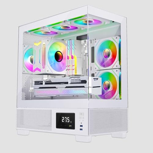 Image of IONZ KZ-V Mini Aether mATX PC Gaming case, Tempered Glass, LED Temperature Display, includes 6 ARGB PWM Fans - White