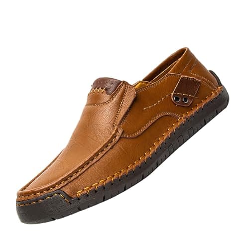 Image of Men's Leather Loafers Slip on Low Top Shoes Summer Walking Sneakers Lightweight Comfortable Breathable Outdoor Casual Dress Shoes Soft Sole Sneakers Brown