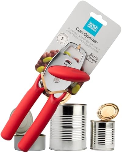 Image of Superior Stainless Steel Can Opener - Durable, Easy to Use Kitchen Gadget. Smooth Cutting Wheels & Comfortable Soft Grip, Red Handles. Includes Bottle Lid Opener. Dishwasher Safe, 5 Year Guarantee.