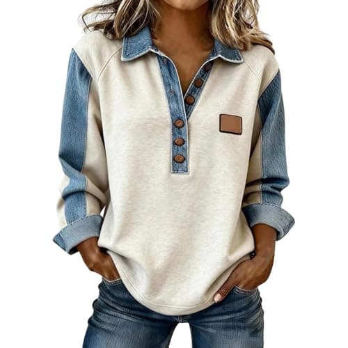 Image of Denim Polo Shirt Women Button Down Lapel Collar V Neck Jean Patchwork Shirt Long Sleeve Chambray Shirts Smart Casual Blouse Oversized Lightweight Pullover Tops Daily Weekend Outfit,White,M