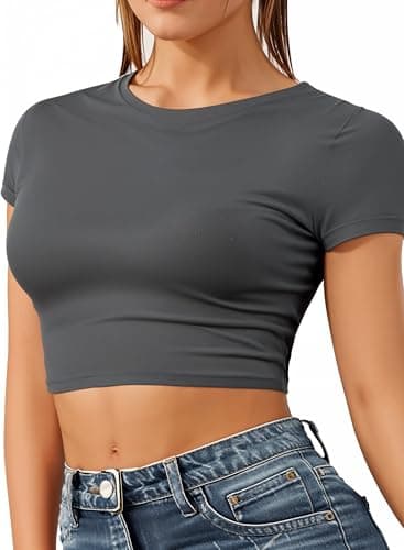 Image of Re Tech UK - Women's Basic Ladies Short Sleeve Stretchy Crop Tops for Women, Slim Fit Crew Neck, Cropped T Shirt, Summer, Cute, Tshirt, Sizes 8-14 (M/L 12-14, Charcoal Dark Grey)