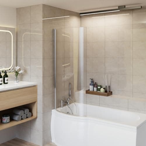 Image of Aquariss 1400x715mm 6mm Curved Toughened Safety Glass Pivot Bath Screen Panel for P-Shaped Bath Chrome