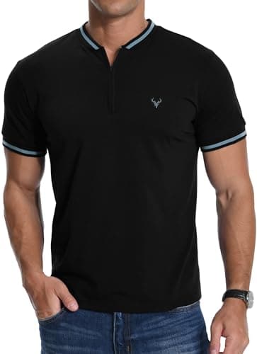 Image of MLANM Men's T-Shirt Summer Zip Henley Short Sleeve Shirt Front Deer Head Embroidery Casual Cotton Men's Tops,L Black