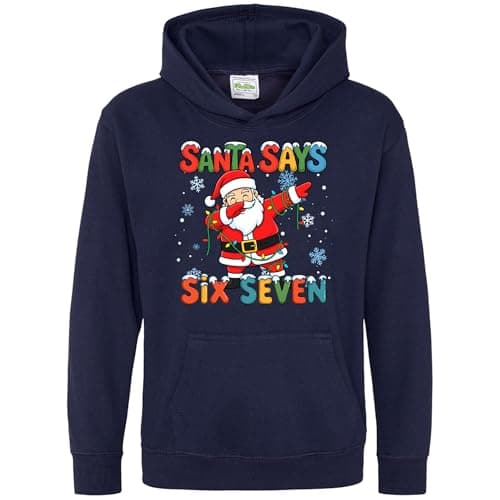 Image of Purple Print House Funny Santa Six Seven Hoodie Dabbing Santa Meme Xmas Hooded Top Boys Girls Father Christmas 6 7 Viral Trend Top, 9-11 Years, Navy