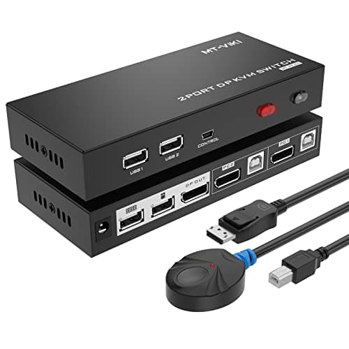 Image of DisplayPort KVM Switch 2 port 4K@60Hz, MT-VIKI 2x1 DP KVM Switcher Hotkey 2 in 1 out w/2 DP Cables + 2 USB Cables + Desktop Controller (2 DP in 1 DP out)