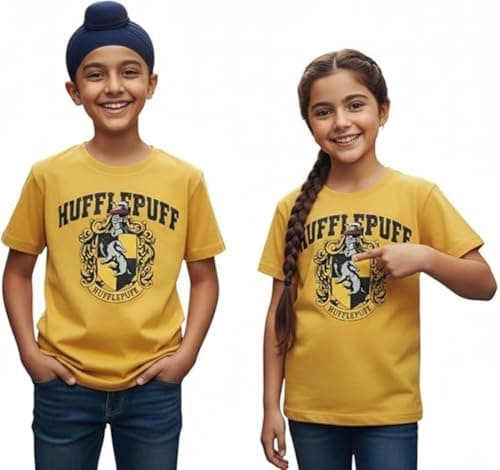 Image of Official Harry Potter™ Kids Hufflepuff House T-Shirt | Licensed Unisex Tee | 100% Cotton Yellow Hogwarts Crest Top | Sizes 1–13 Years (UK, Age, 7 Years, 8 Years, Regular)