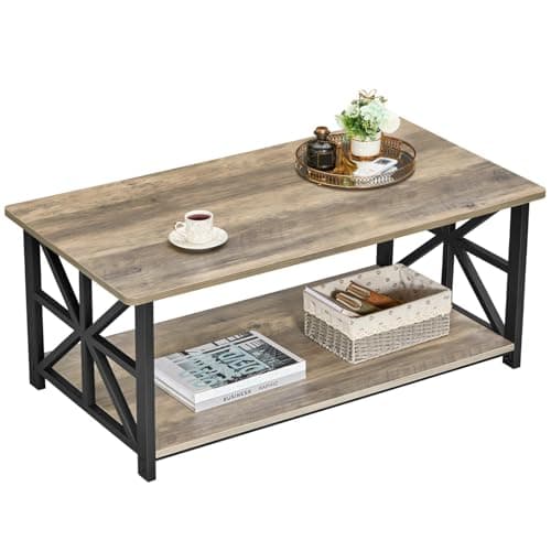 Image of GreenForest Modern Coffee Table with 2-Tier Storage, Wooden 100 cm Living Room Table with Round Corner, Centre Table with X-Frame Design for Home Office,Grey Wash