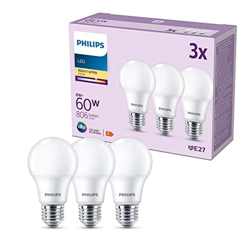 Image of Philips LED Frosted A60 Light Bulb 3 Pack [Warm White 2700K - E27 Edison Screw] 60W, Non Dimmable. for Home Indoor Lighting, Value Range