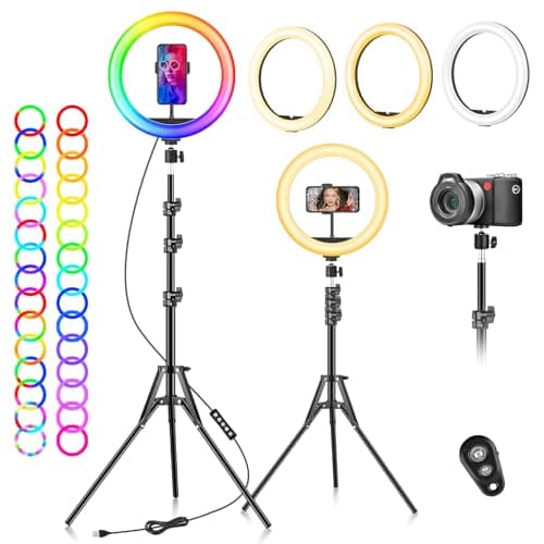 Image of Ring Light with Tripod Stand & Phone Holder - 10 inch Selfie LED Ringlight Dimmable Desktop Lamp 40 Colors RGB Tall Circle Light for Camera Makeup Video YouTube Live Streaming Zoom Meeting