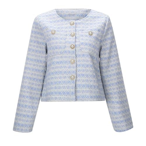 Image of Generisch Women's Tweed Jacket in Classic Bouclé Style, Elegant Short Jacket with Decorative Buttons, Timeless Blazer for Business and Festive Occasions, style_b01 blue, M