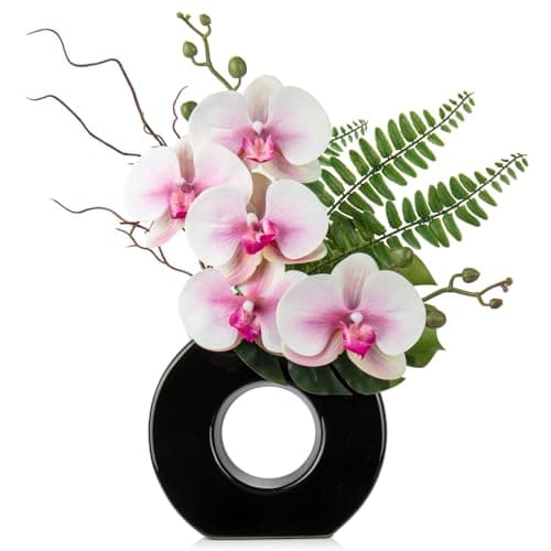 Image of Oairse Artificial Orchid Flowers 41cm Pink Orchid Silk Flowers with Ceramic Black Vase Faux Phalaenopsis Flower Arrangement for Home Office Kitchen Table Centerpiece Decoration