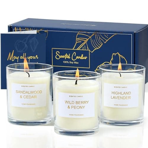 Image of PROFIKLA Scented Candles Gift Set, Lavender, Peony & Wild Berries, Sandalwood Soy Wax Candles, 3 x 3.5oz 75 Hours Burn Time, Elegant Gift for Women and Men, Mum, Mother's Day, Birthday