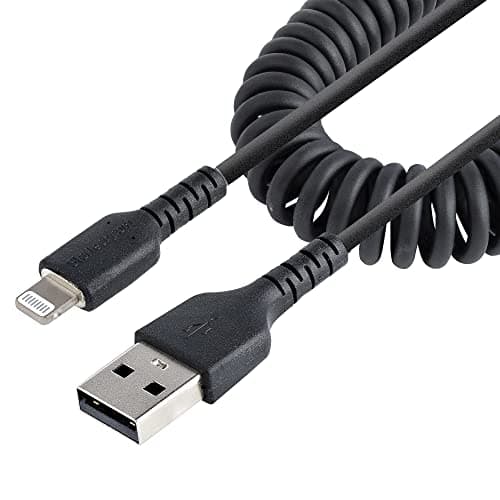 Image of StarTech.com 1m (3ft) USB to Lightning Cable, MFi Certified, Coiled iPhone Charger Cable, Black, Durable TPE Jacket Aramid Fiber, Heavy Duty Coil Lightning Cable (RUSB2ALT1MBC)