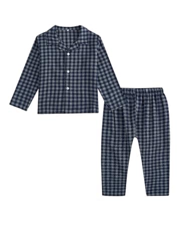 Image of JiAmy Kids Christmas Pyjamas Girls Boys Plain Pyjamas Set Long Sleeve Top Check Bottoms Xmas PJs Navy Blue