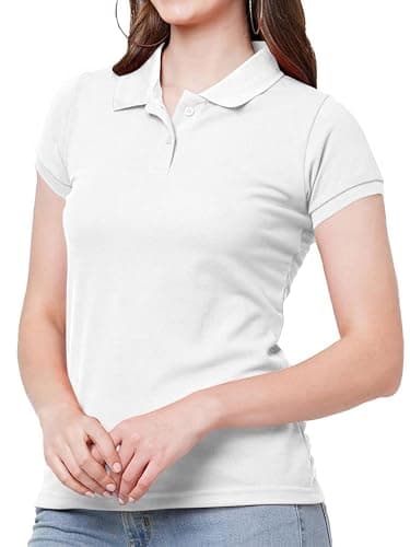 Image of Looks Divine Gift Women's Polo Shirt Knitted Collar Polo with Cuffed Short Sleeves Ladies Shirts for Women UK (UK, Alpha, S, Regular, Regular, White)