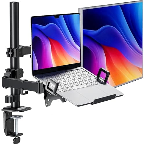Image of monTEK Monitor Stand and Laptop Mount for Desk, Adjustable Height Monitor Arm Fit up to 32 inch Screen and 17 inch Laptop, Hold up to 10KG Weight, C-Clamp and Grommet