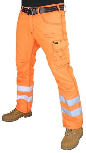 Image of HASHOOB TRADING FZE Men’s Multi Pocket Hi Vis Work Trousers Cargo Trousers Workwear Pants (10-OR1, 34W X 32L) Orange